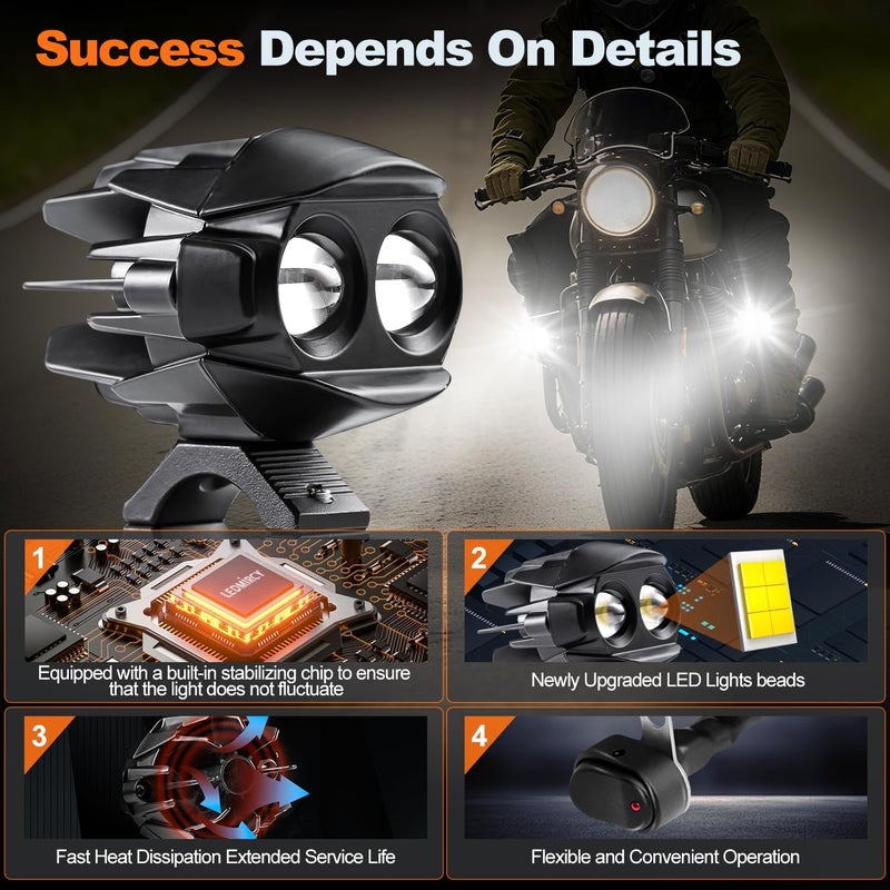 LEDMIRCY Motorcycle Driving Lights Kit, LED Luces Exploradoras Para Moto with Switch Wiring Harness Auxiliary Spot Light 6Modes White/Amber Strobe Offroad Fog Light with Memory Function IP68 Waterproof - Image 2